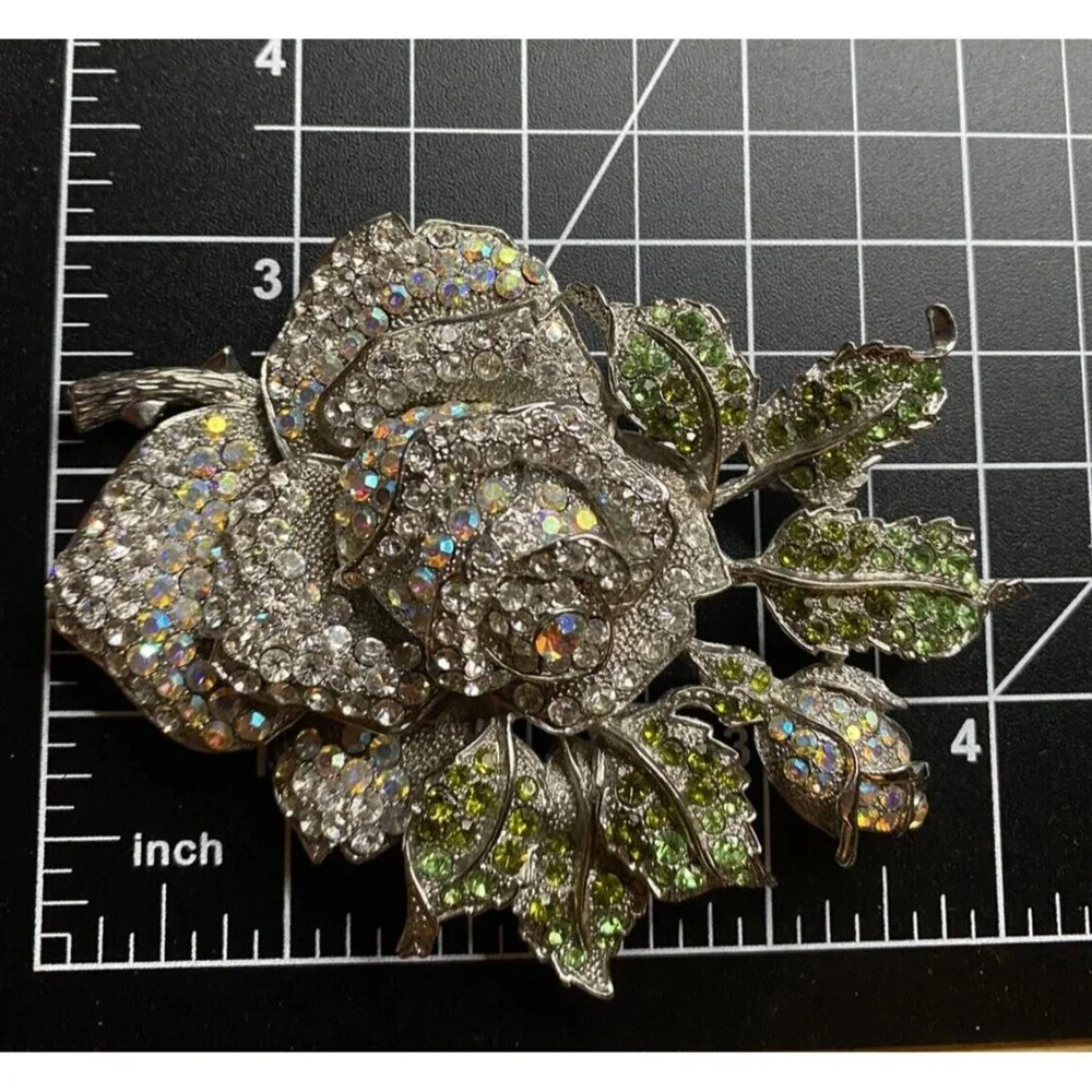 AB Clear Crystal Rose Brooch Huge 4" Silver Tone Thorns Green Leaves Rosebud - Picture 8 of 8